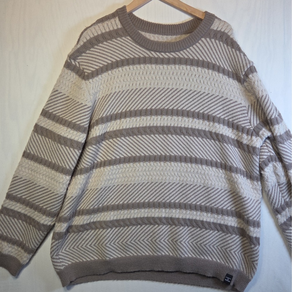 Lucky Brand Men's XXL Sweater Taupe Cream Mixed Knit Stripe Crewneck Pullover